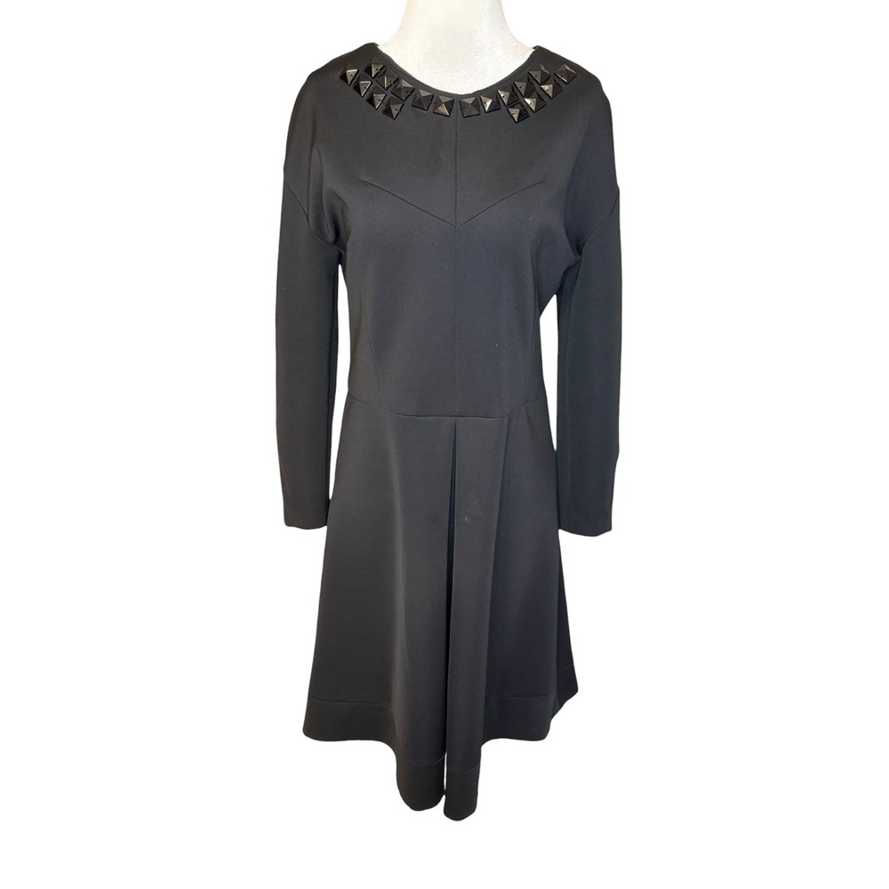 Sonia by Sonia Rykiel Black Studded Neckline Long Sleeve Fit Flare‎ Dress 12 42